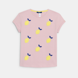 تيشيرت وردي بأكمام قصيرة مطرزة، للفتيات